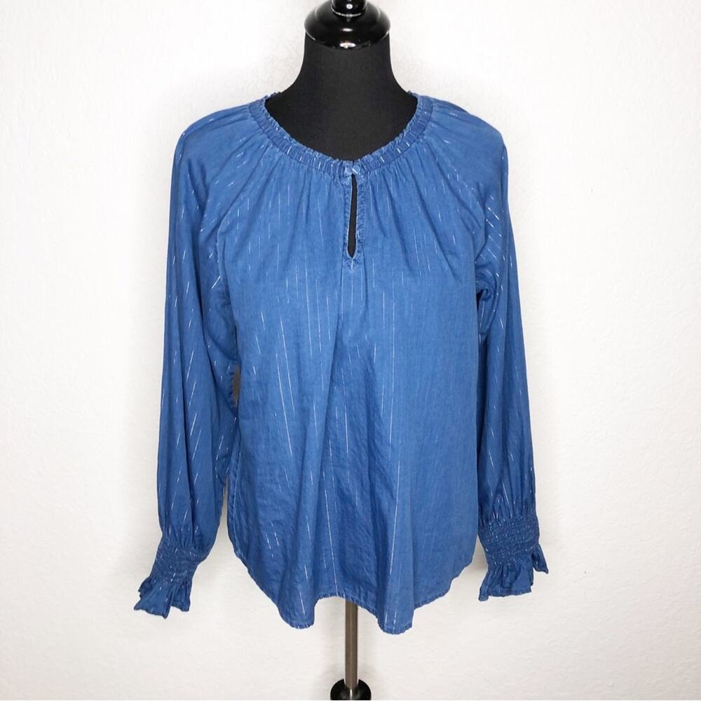 WHBM‎ blue demin metallic striped ruffle trim top size Medium
